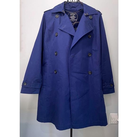 L.L. Bean Jackets & Blazers - L.L. Bean Womens Blue Double Breasted Trench Coat Belted Large Rain Jacket299801